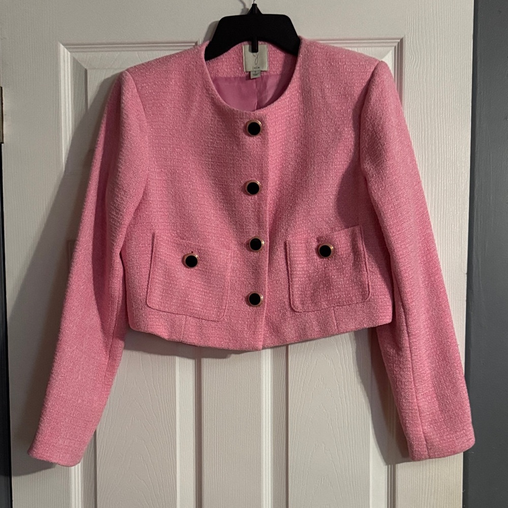 Joie Pink Cropped Tweed Blazer with Gold-Tone Buttons